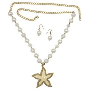 Starfish Pearl Gold Tone Long Necklace Earrings Set